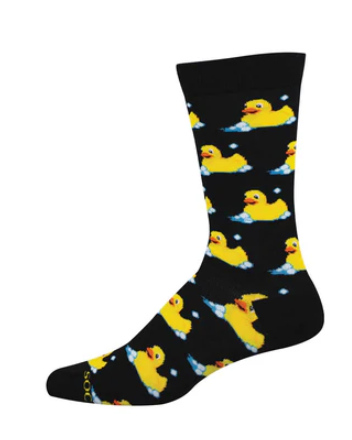 Meias Bubble Up Rubber Duck - Lifestyle da Socksmith em preto, com padrão de patinhos de borracha amarelos.