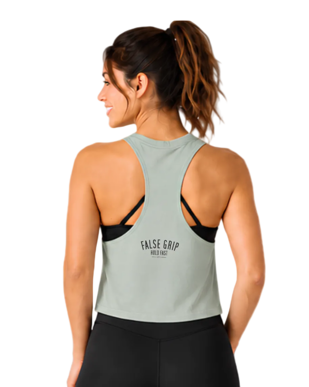 Vista traseira do Crop Tank Burpees &amp; Bad Decisions em Pistacho, mostrando o corte racerback e logótipo False Grip.
