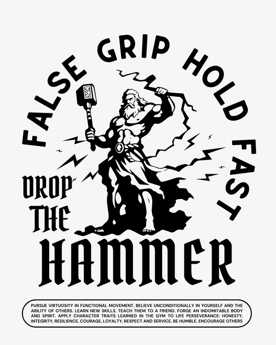 Grafismo Drop the Hammer da False Grip com ilustração de guerreiro, martelo e raios, criado para a coleção de treino.
