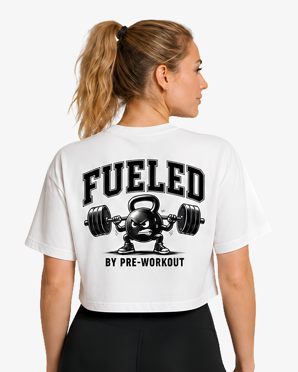 Vista traseira da Crop T-Shirt Fueled by Pre-Workout em Vintage White, com estampagem False Grip Fueled by Pre-Workout.