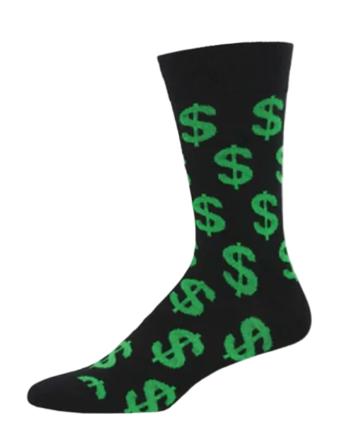 Meias Cha Ching - Lifestyle da Socksmith em preto, com padrão de símbolos de dólar verdes.