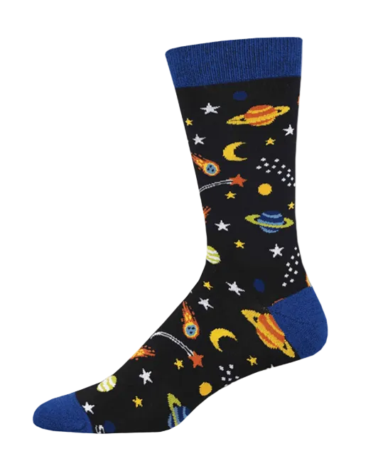 Meias Reach for the Stars - Lifestyle da Socksmith em preto e azul, fabricadas em bambu, com padrão de planetas, estrelas, luas e meteoros.