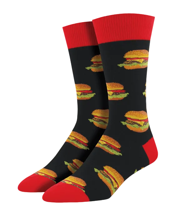 Meias Good Burger - Lifestyle da Socksmith em preto e vermelho, com padrão de hambúrgueres.