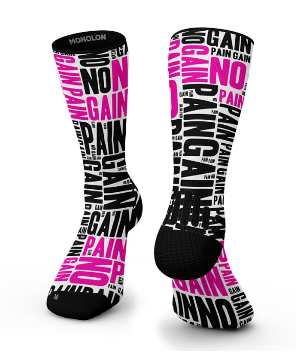 Meias híbridas No Pain No Gain da Monolon em rosa, preto e branco, com cano alto e zonas reforçadas.