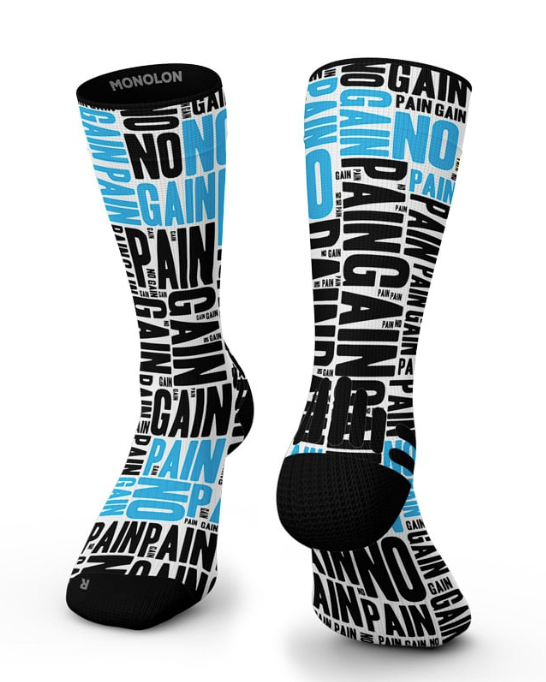Meias híbridas No Pain No Gain da Monolon em azul, preto e branco, com cano alto e design desportivo.