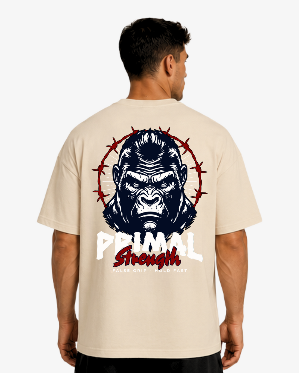 Oversize T-Shirt Primal Strength da False Grip em Sand, vista de costas com grande grafismo de gorila e lettering.