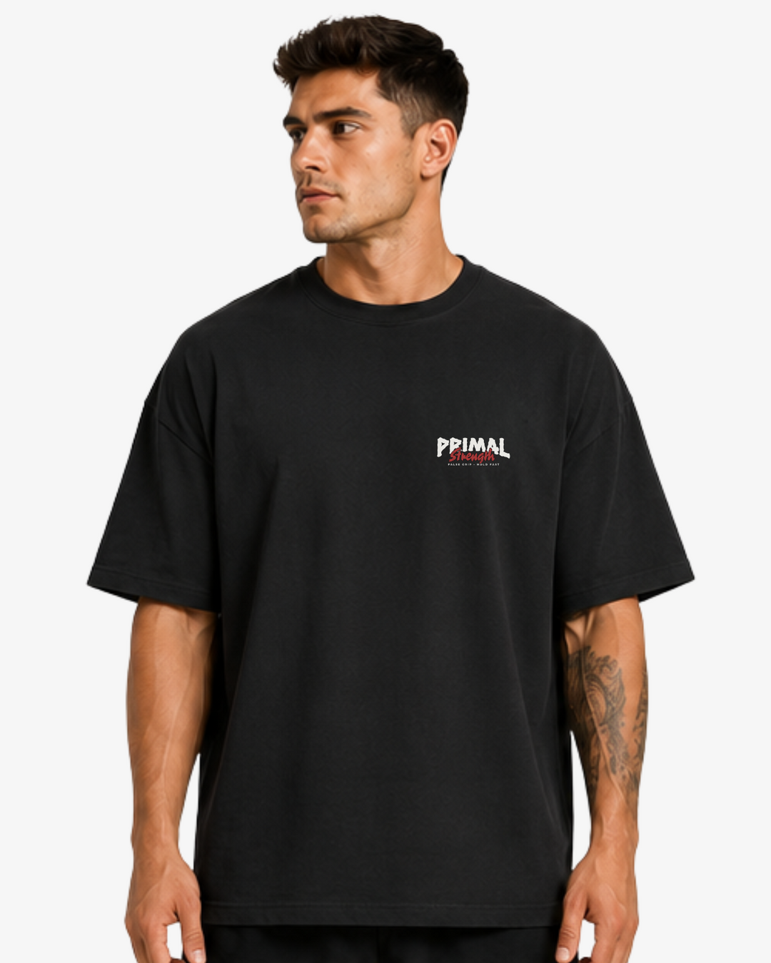 Oversize T-Shirt Primal Strength da False Grip em Black, vista frontal com logótipo discreto no peito.