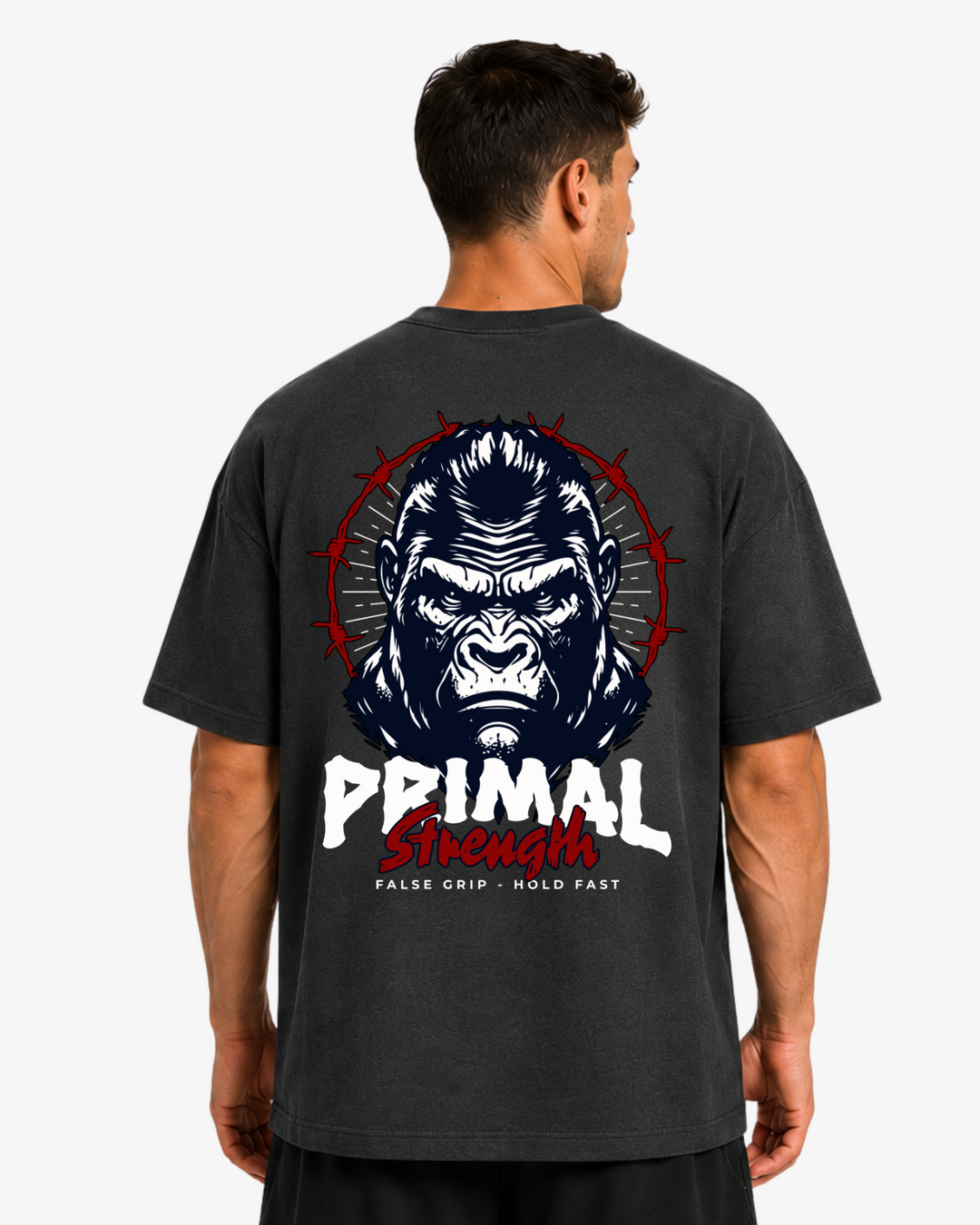 Vista traseira da Oversize T-Shirt Primal Strength da False Grip em DARK GREY com grafismo de gorila e lettering Primal Strength.
