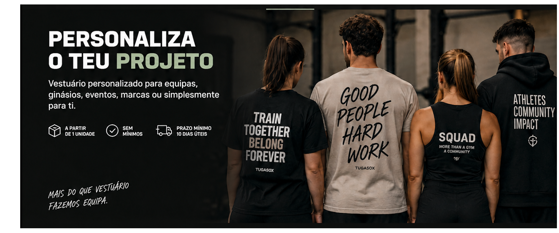 Imagem com opções de personalização em t-shirts, hoodies e top tanks na cor preta e bege, para equipas, eventos, nmarcas ou uso pessoal