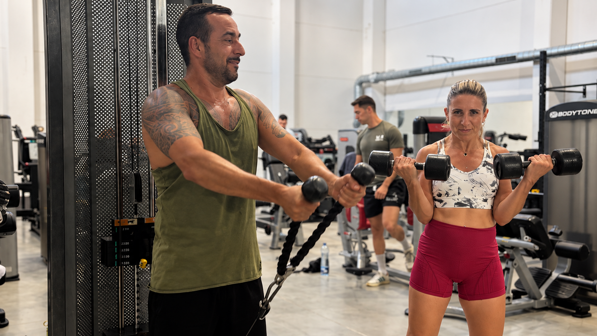 Dois membros a treinar na zona de musculação do Higia Training Club, utilizando halteres e equipamento de força.