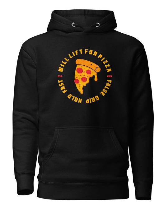 WILL LIFT FOR PIZZA HOODIE BLACK FRENTE DESIGN