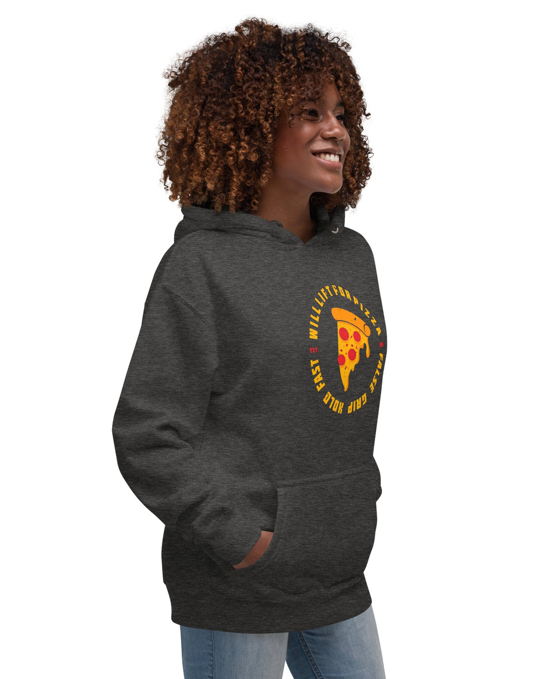 WILL LIFT FOR PIZZA HOODIE CHARCOAL FRENTE LAT