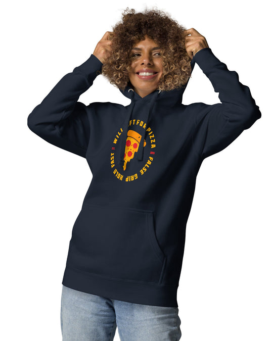WILL LIFT FOR PIZZA HOODIE NAVY FRENTE WITH HOOD