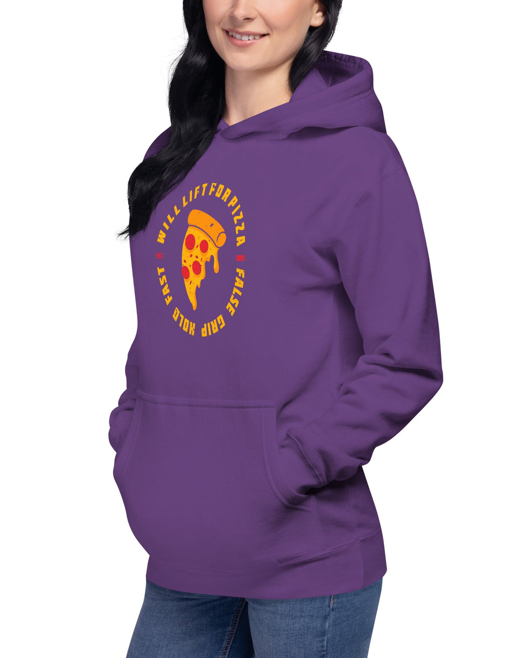 WILL LIFT FOR PIZZA HOODIE PURPLE  FRENTE LAT ESQ