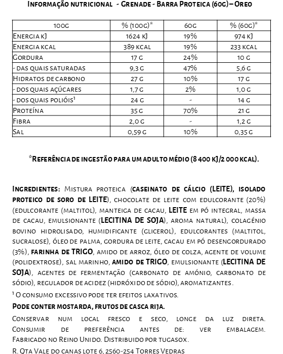 Barra Proteica Grenade - 60g - Oreo - TugaSox Fitness Store