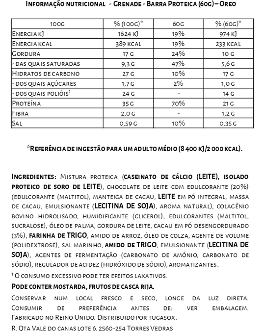 Barra Proteica Grenade - 60g - Oreo - TugaSox Fitness Store