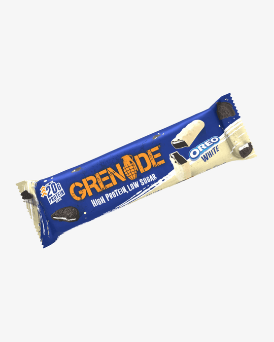 Grenade OREO White Protein Bar 60 g, barra proteica com chocolate branco e pedaços de OREO.