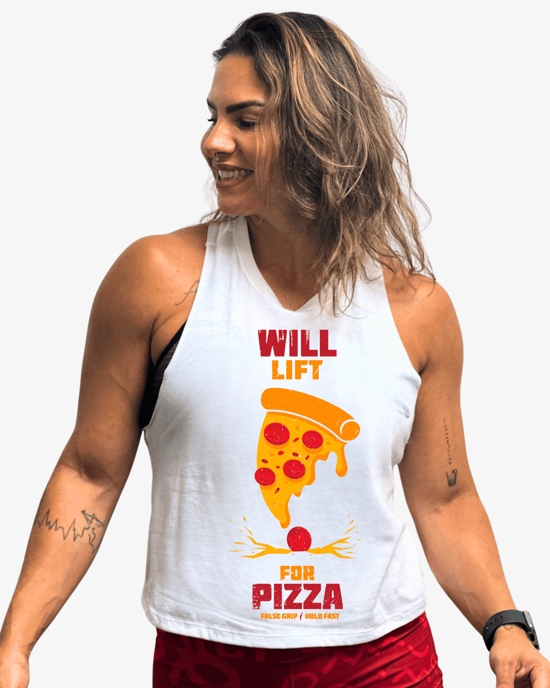 Crop Tank "Will Lift For Pizza" | White - TugaSox Fitness Store