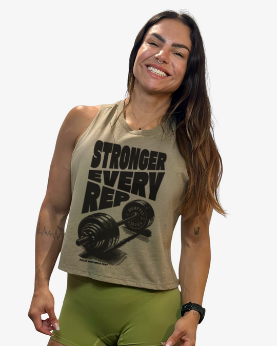 crop tank false gip - stronger every rep olive