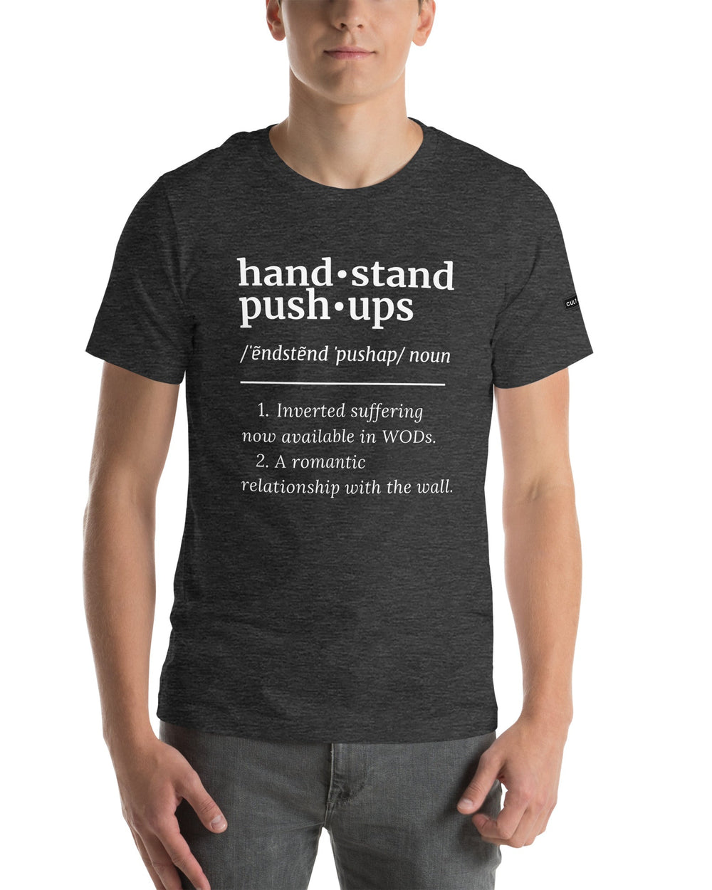 hand stand Push Ups efinition unisex tee frente grey