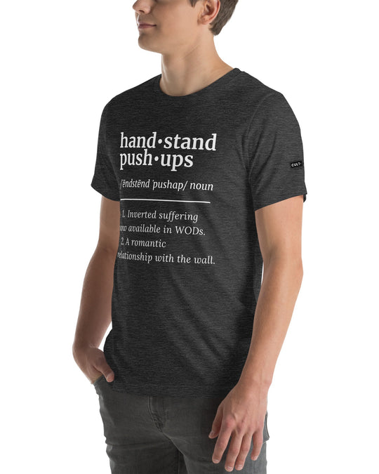 hand stand Push Ups efinition unisex tee frente lateral