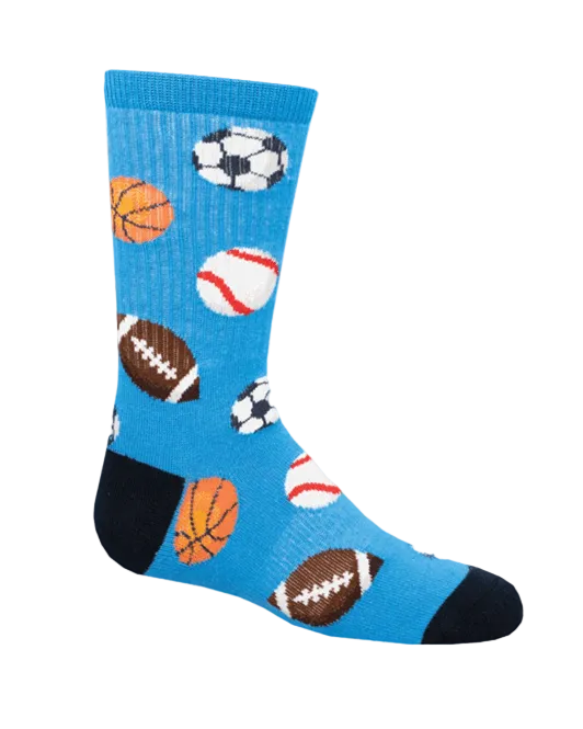 Meias 5 Star Recruit - Criança da Socksmith em azul, com padrão de bolas de futebol, basquetebol, basebol e futebol americano.