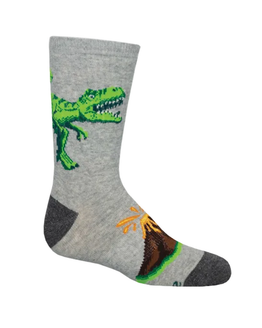 Meias Hear Me Roar - Criança da Socksmith em cinzento, com um dinossauro verde e um vulcão em erupção.