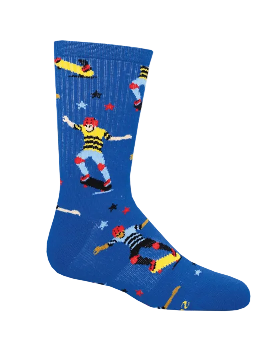 Meias Later Skater - Criança da Socksmith em azul, com padrão de crianças em skate e skates coloridos.