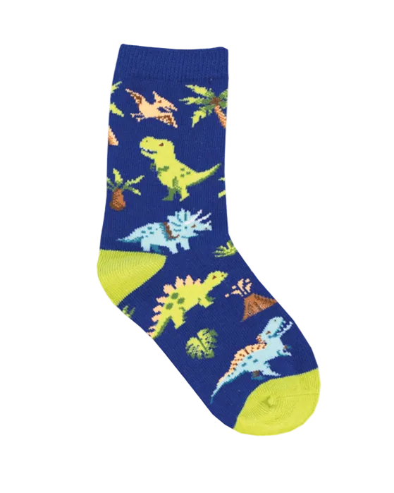 Meias Nervous Rex - Criança da Socksmith em azul, com padrão de dinossauros coloridos, vulcões e palmeiras pré-históricas.
