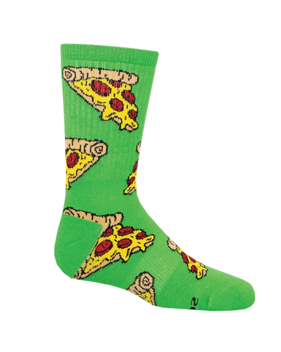 Meias Pepperoni Extra Cheese - Criança da Socksmith em verde, com padrão de fatias de pizza pepperoni.