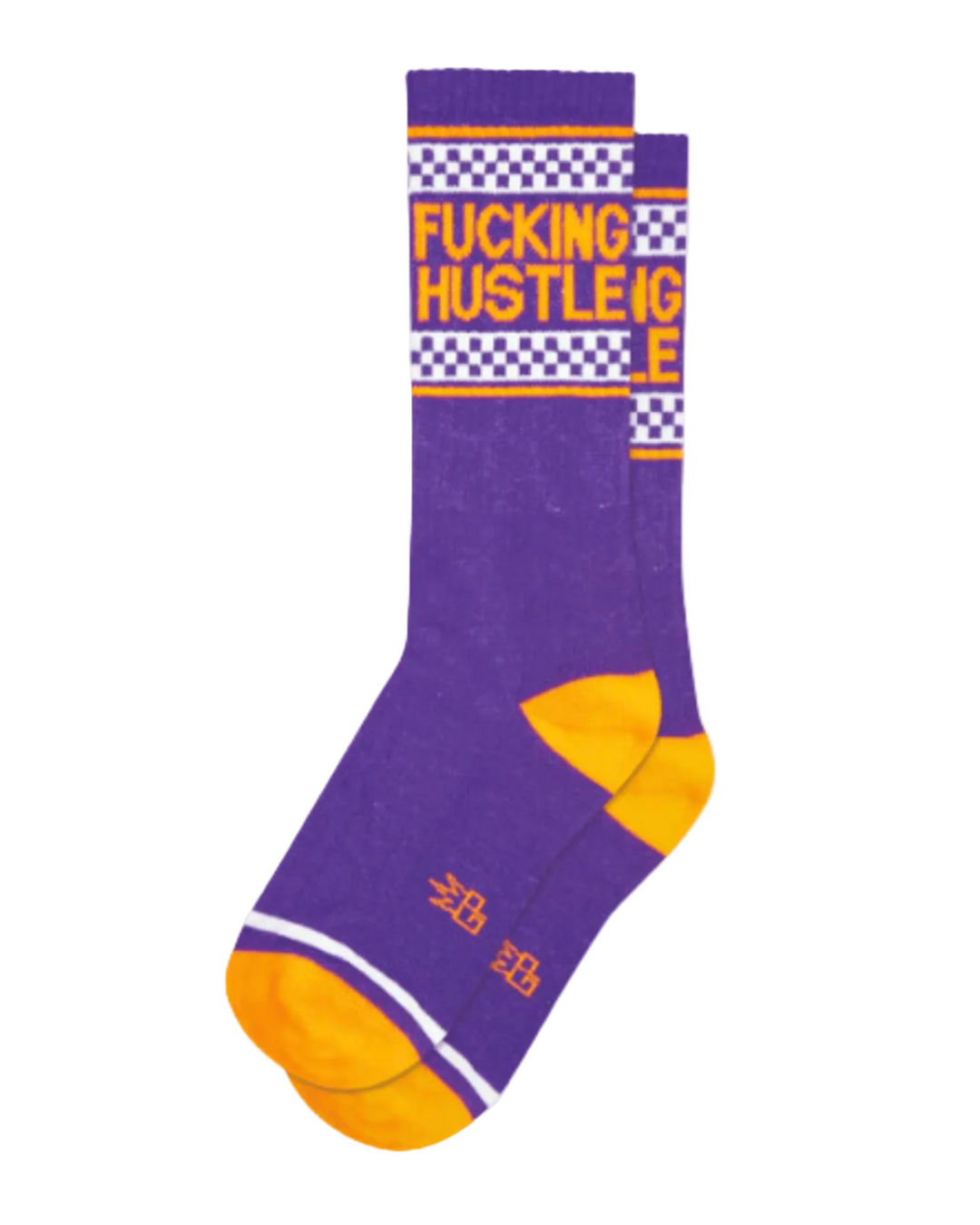 Meias Fucking Hustle da Gumball Poodle em roxo e amarelo, com lettering irreverente e design streetwear.
