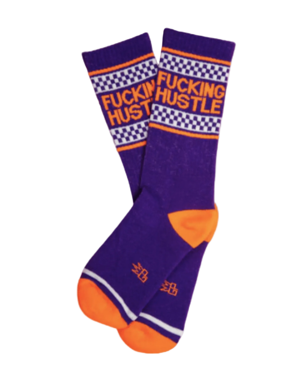 Meias Fucking Hustle da Gumball Poodle em roxo e laranja, com lettering irreverente e design streetwear.