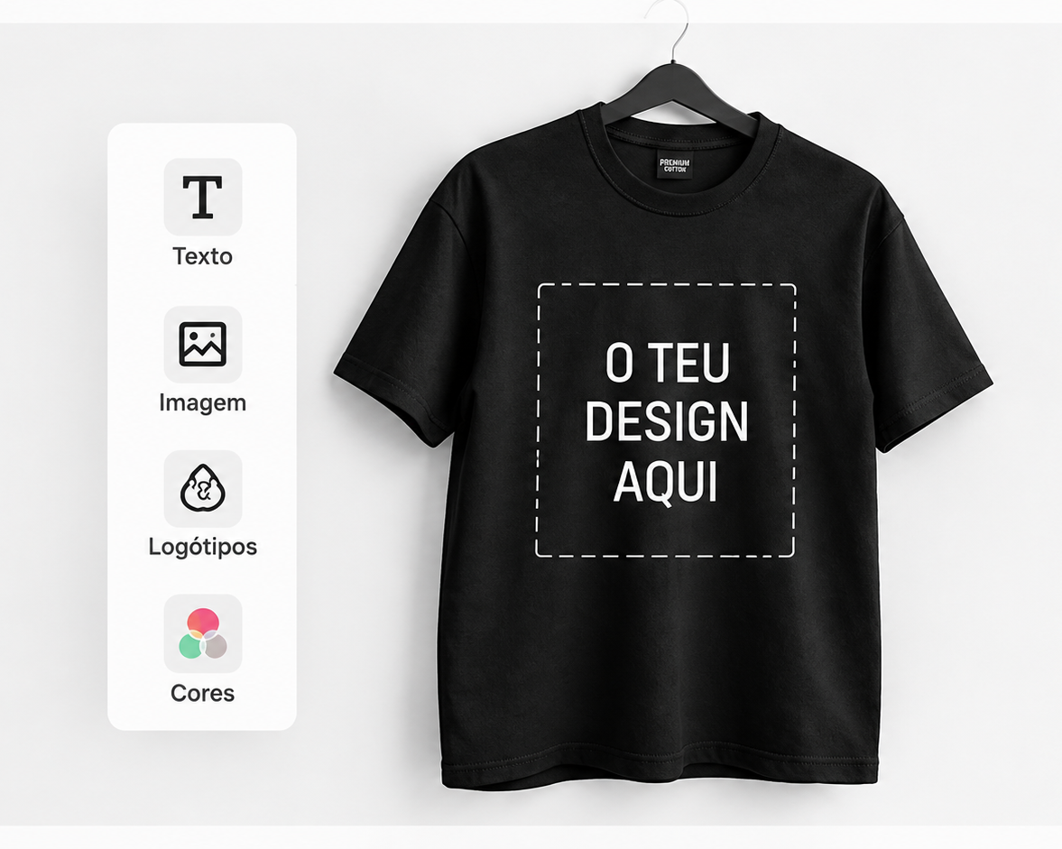 t-shirt preta com exemplo de personalização no configurador tugasox