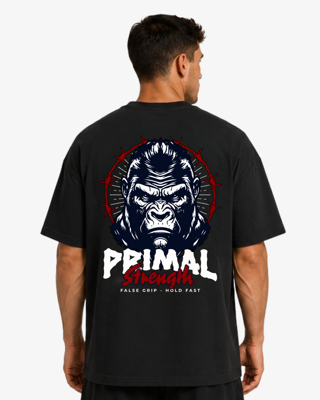 Vista traseira da Oversize T-Shirt Primal Strength da False Grip em Black, com grafismo de gorila e lettering Primal Strength.