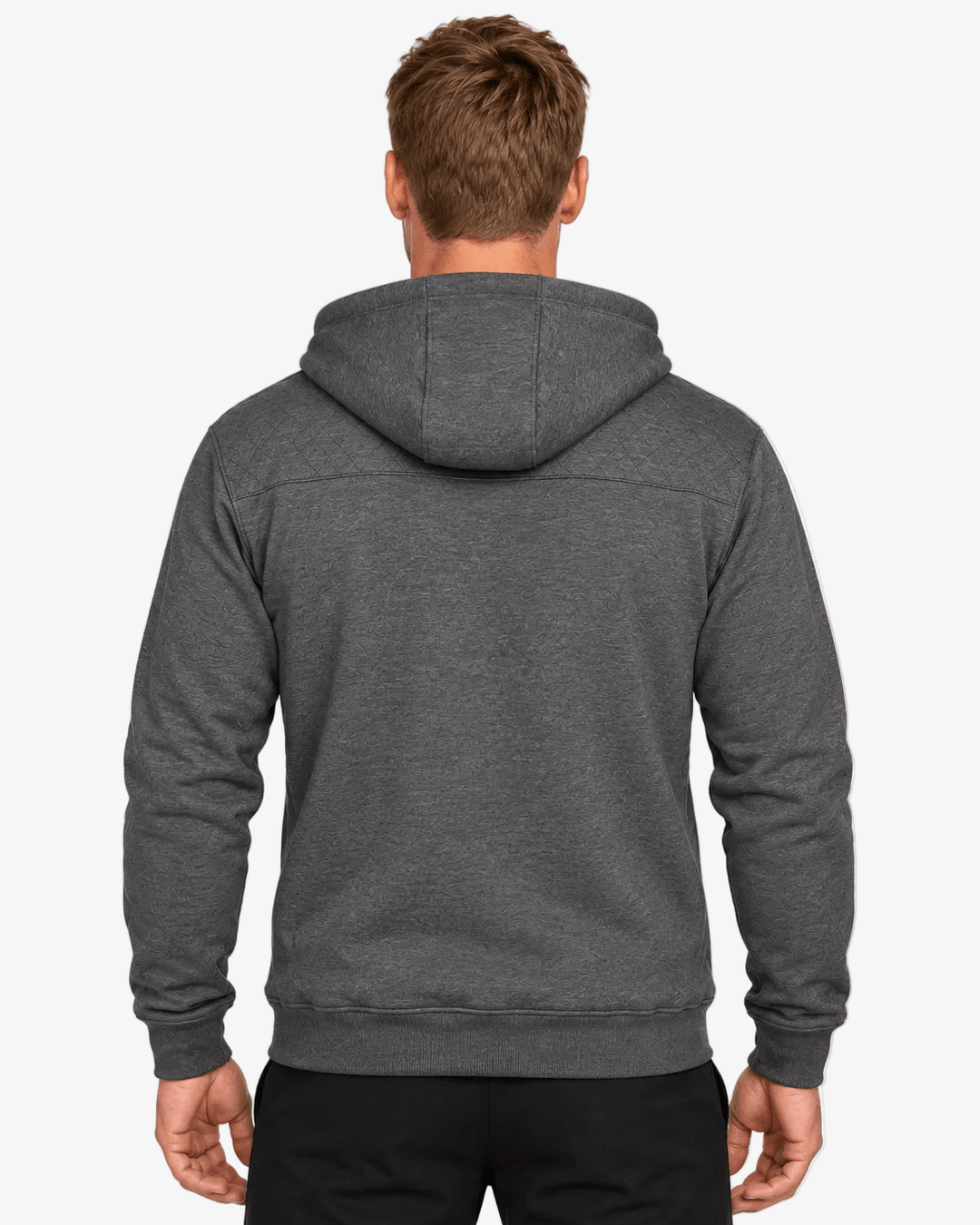 Vista traseira do Zip Hoodie Storm Grey da TugaSox em modelo masculino, mostrando capuz e painéis superiores com pesponto.