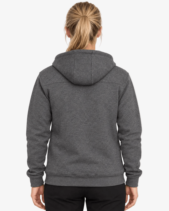 Vista traseira do Zip Hoodie Storm Grey da TugaSox em modelo feminino, com capuz e pesponto nos ombros.
