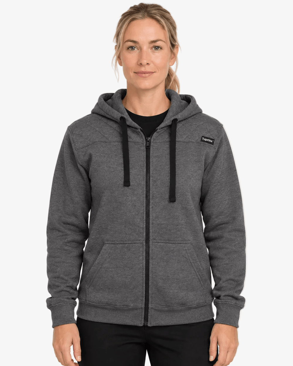 Zip Hoodie Storm Grey da TugaSox em modelo feminino, com fecho preto, cordões e aplicação no peito.
